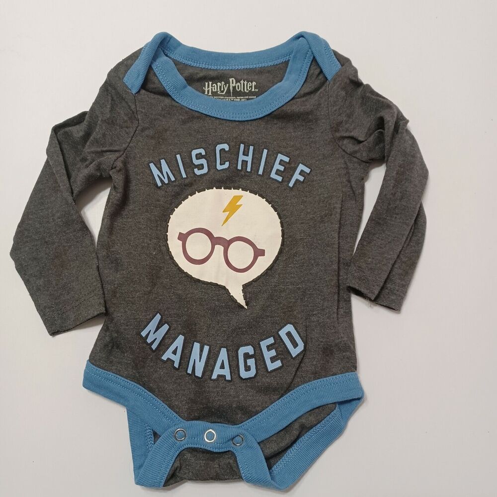 Harry Potter Unisex NB Bodysuit Mischief Managed Heathered Grey Blue Snap Button